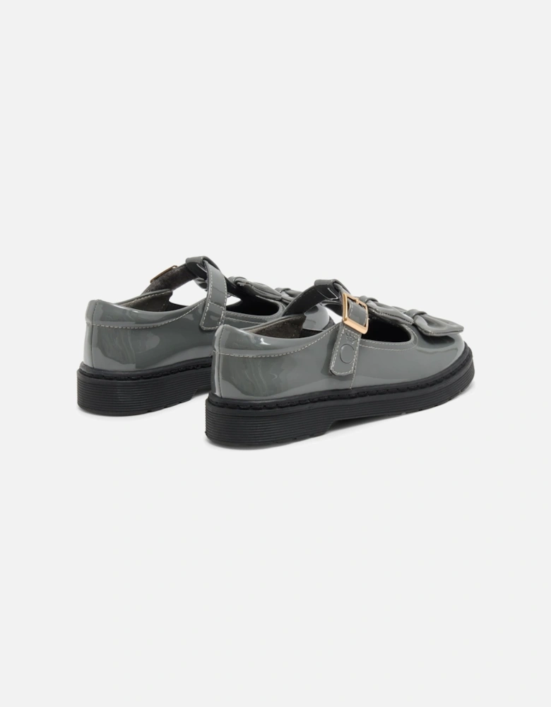 Girls Grey Patent T-Bar Bow Shoes