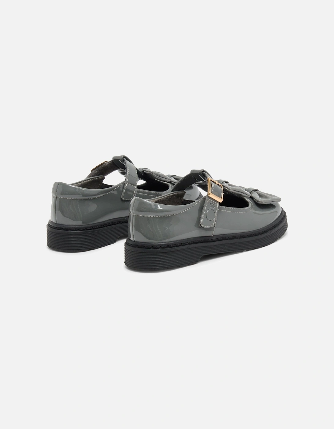 Girls Grey Patent T-Bar Bow Shoes
