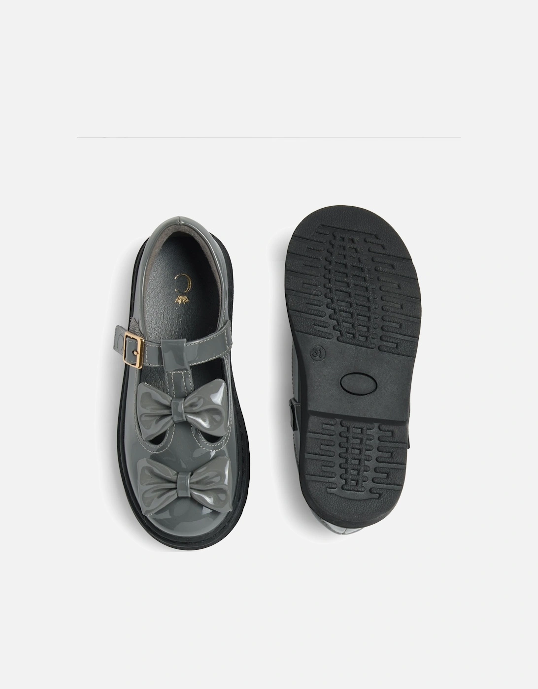 Girls Grey Patent T-Bar Bow Shoes
