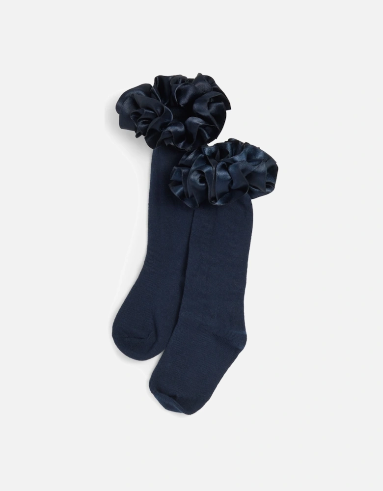 Girls Navy Ribbon Frill Knee Socks