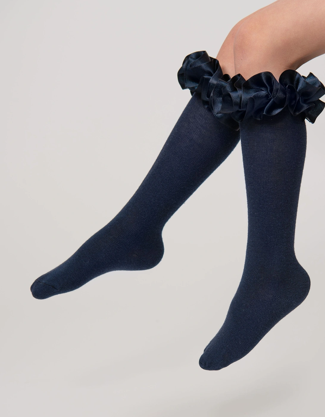 Girls Navy Ribbon Frill Knee Socks, 7 of 6