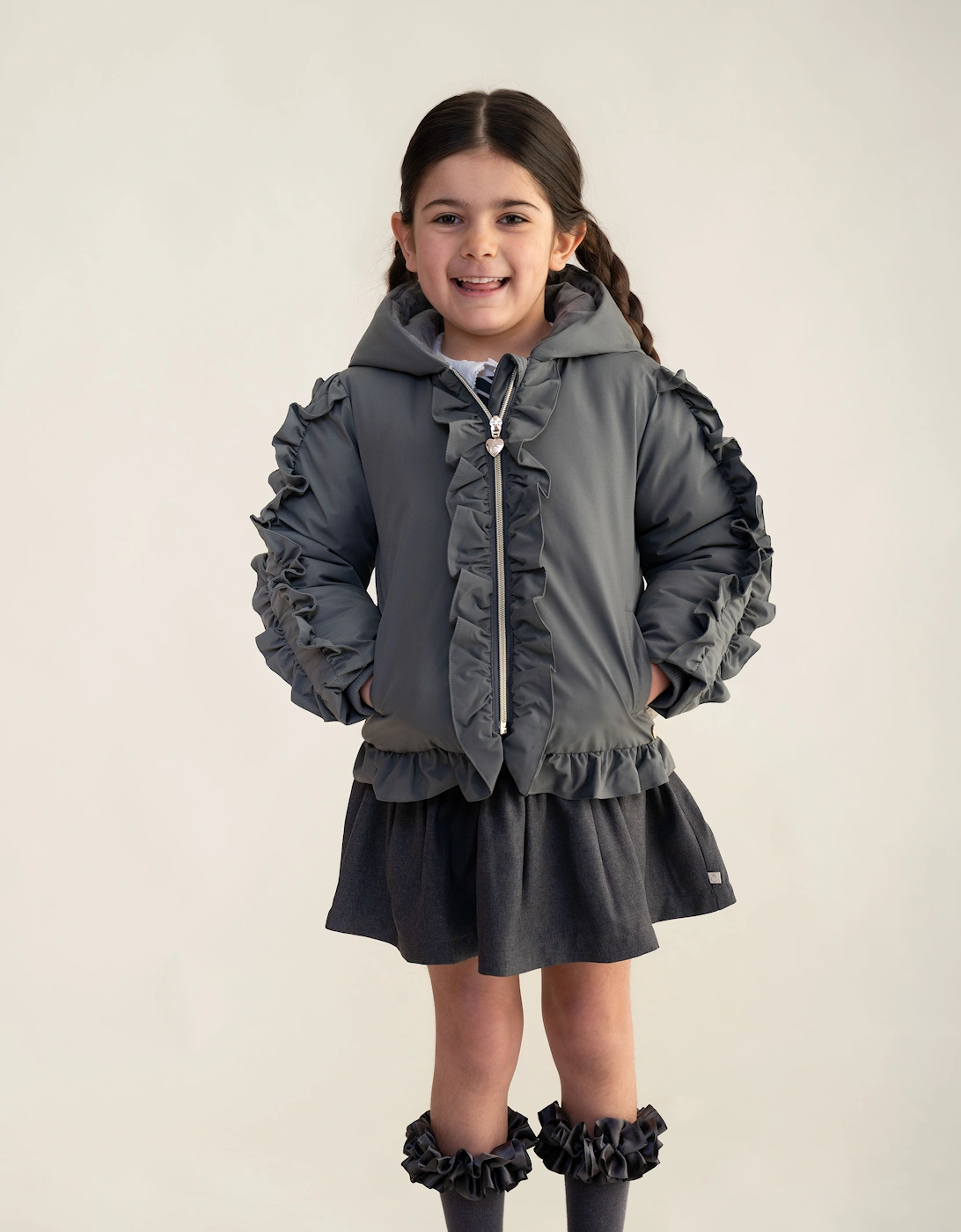 Girls Grey Padded Frill Bomber Coat, 7 of 6