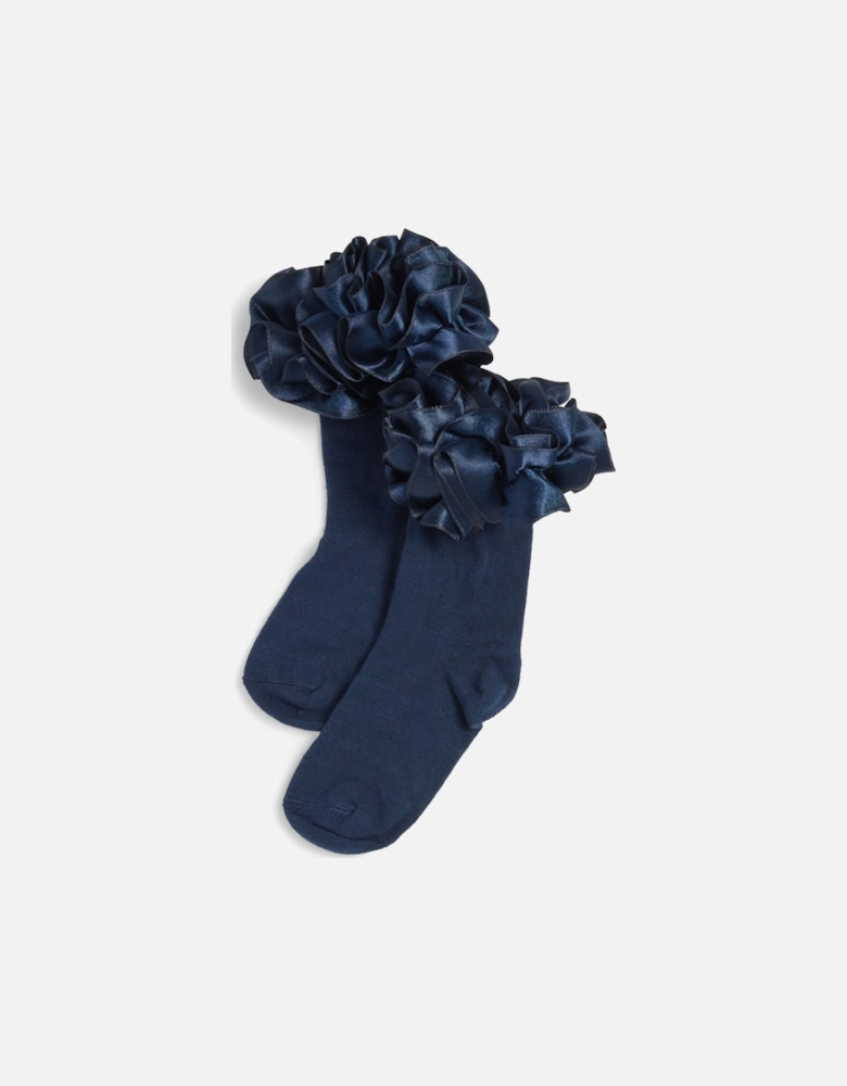 Girls Navy Ribbon Frill Ankle Socks