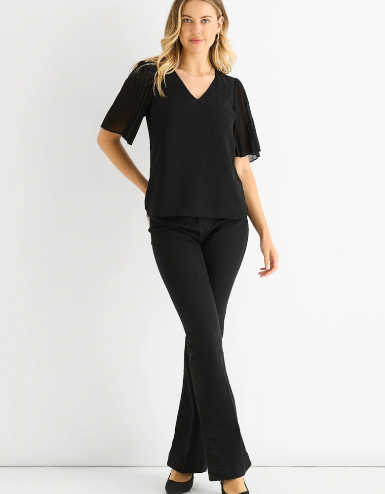 Black Chiffon Pleat Sleeves V Neck Top
