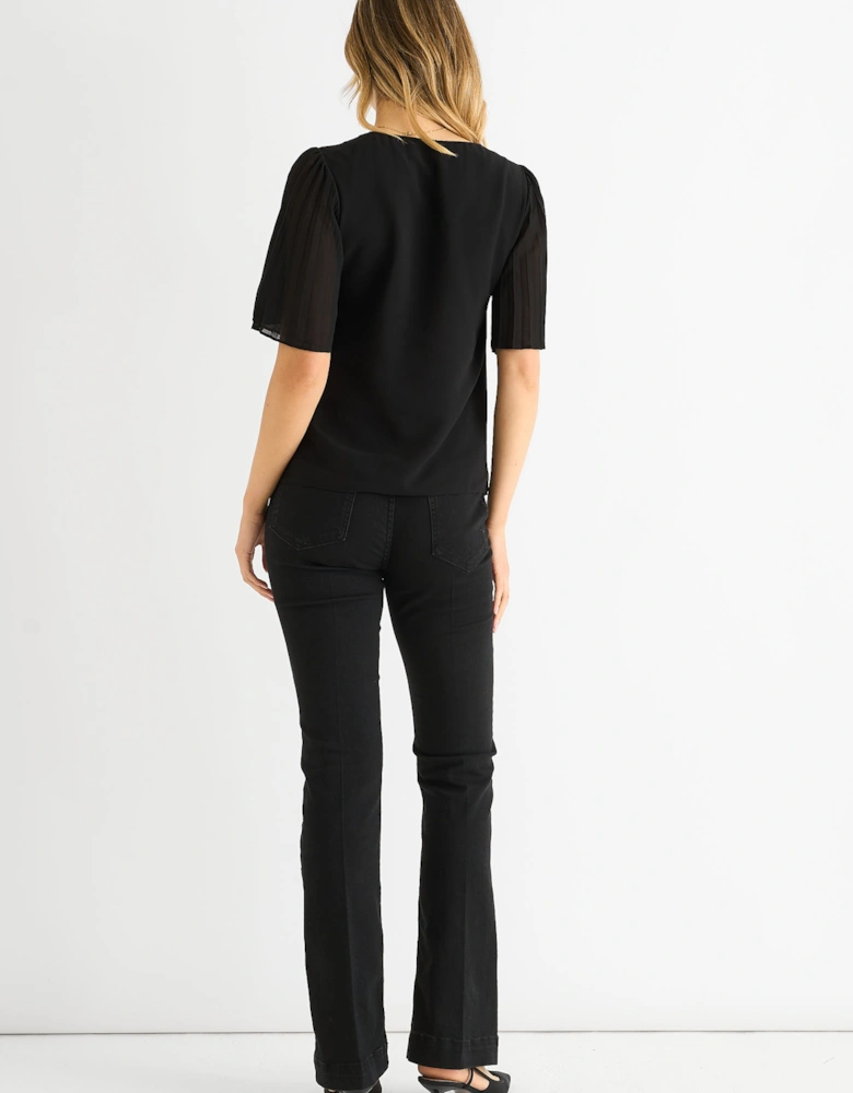 Black Chiffon Pleat Sleeves V Neck Top