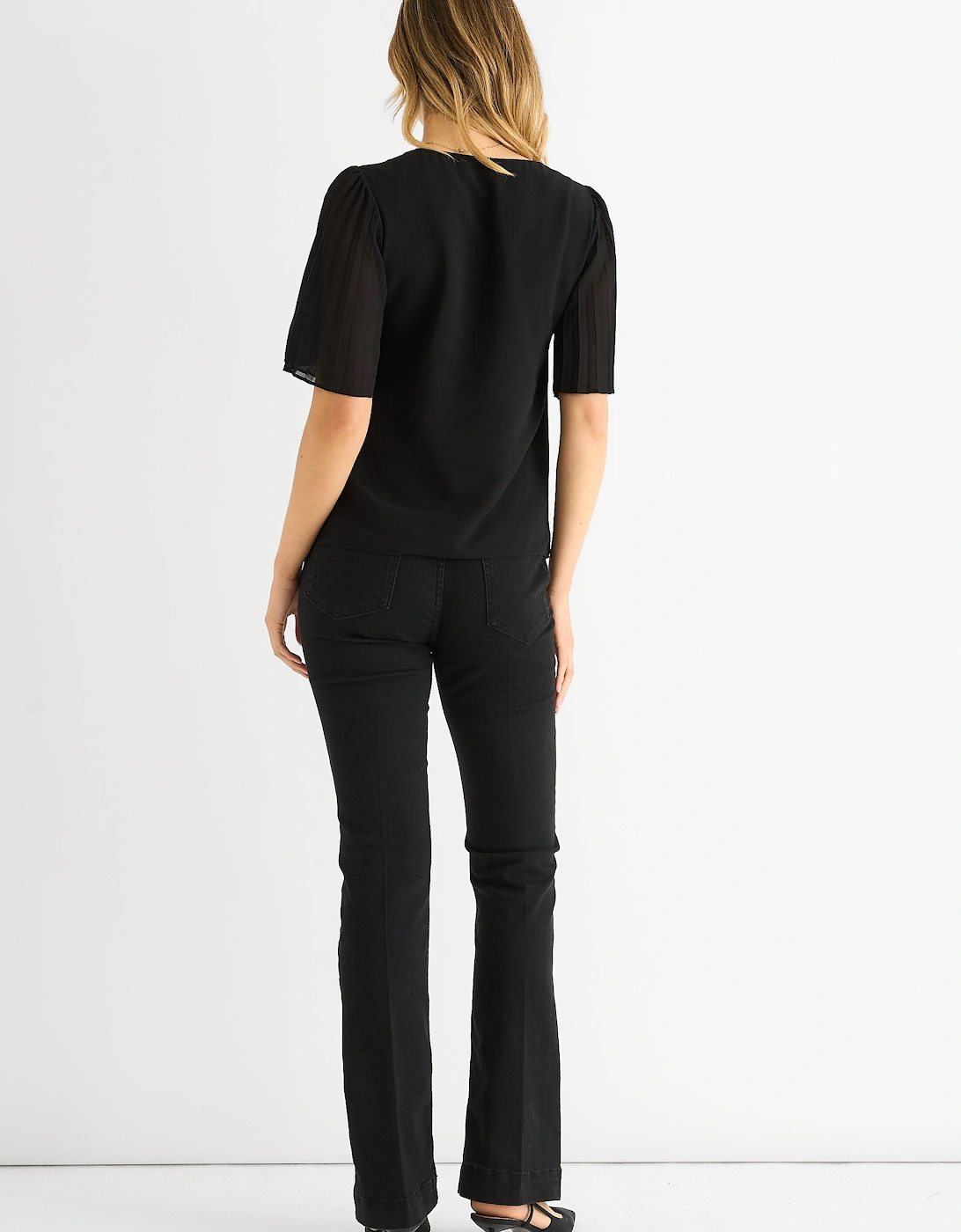 Black Chiffon Pleat Sleeves V Neck Top
