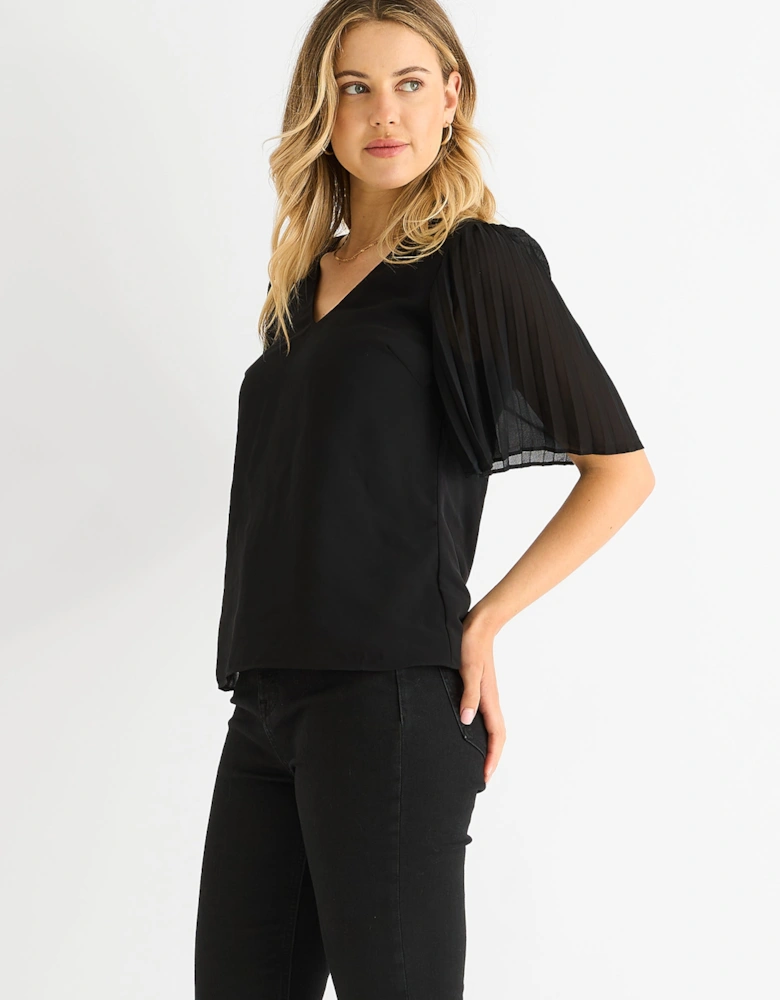 Black Chiffon Pleat Sleeves V Neck Top