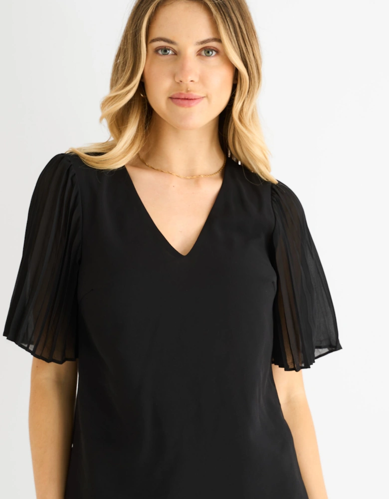 Black Chiffon Pleat Sleeves V Neck Top