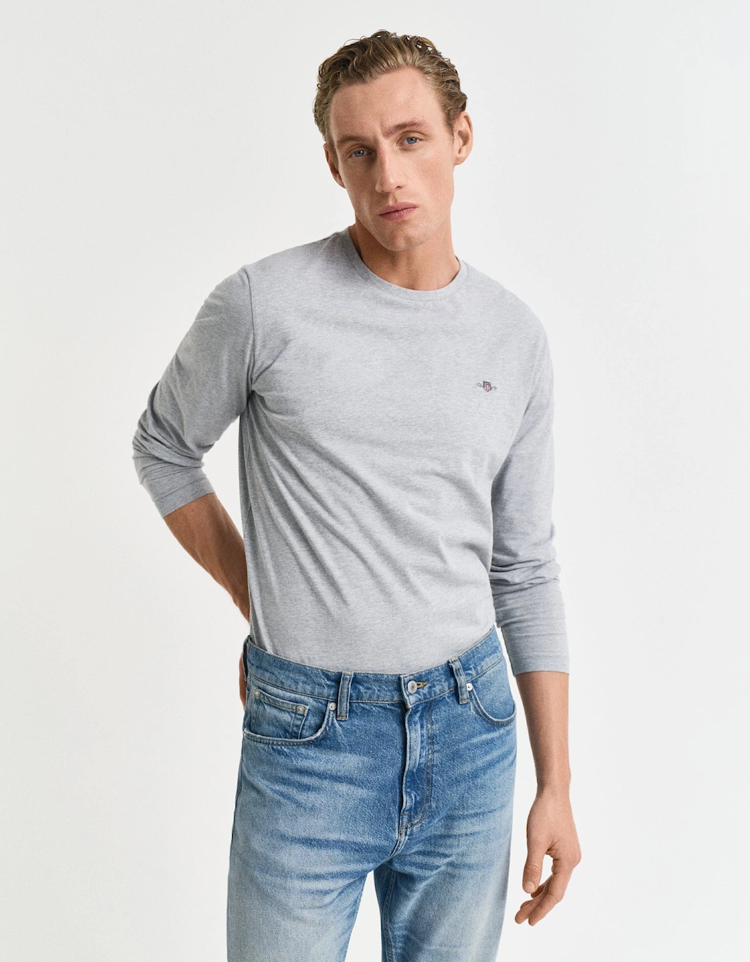 Mens Regular Fit Long Sleeve Shield Logo T-Shirt - 93 Grey Melange, 2 of 1