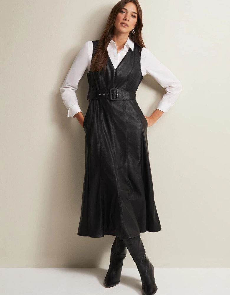 Khloe Black Faux Leather Midi Dress