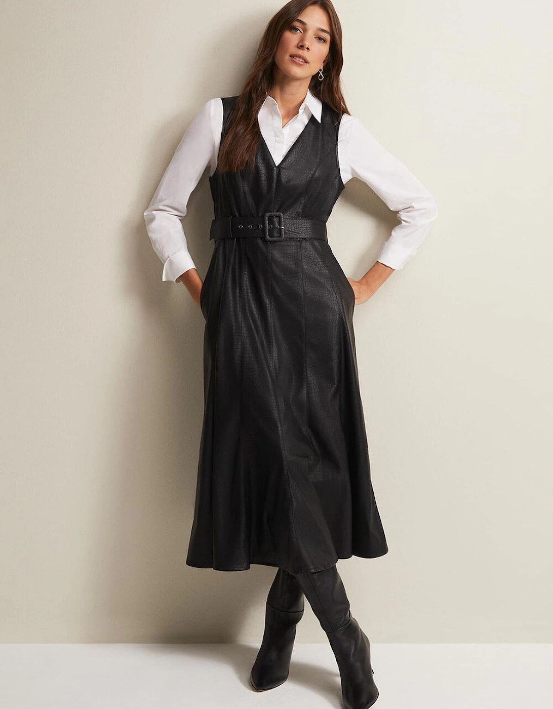 Khloe Black Faux Leather Midi Dress