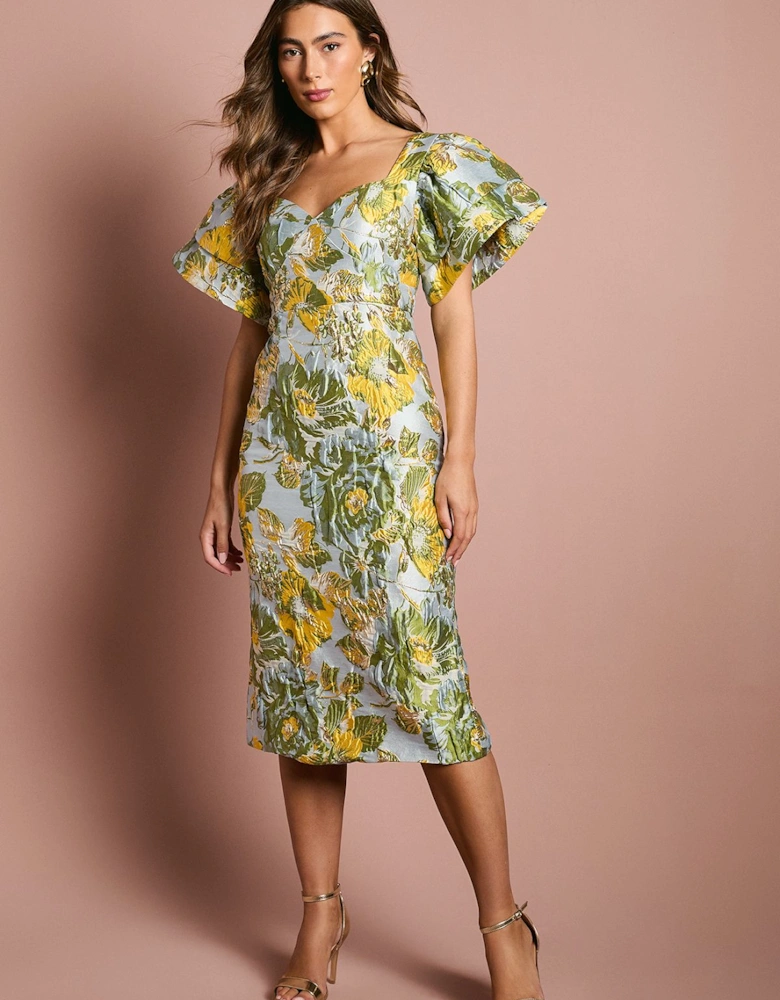 Metallic Jacquard Volume Sleeve Midi Dress