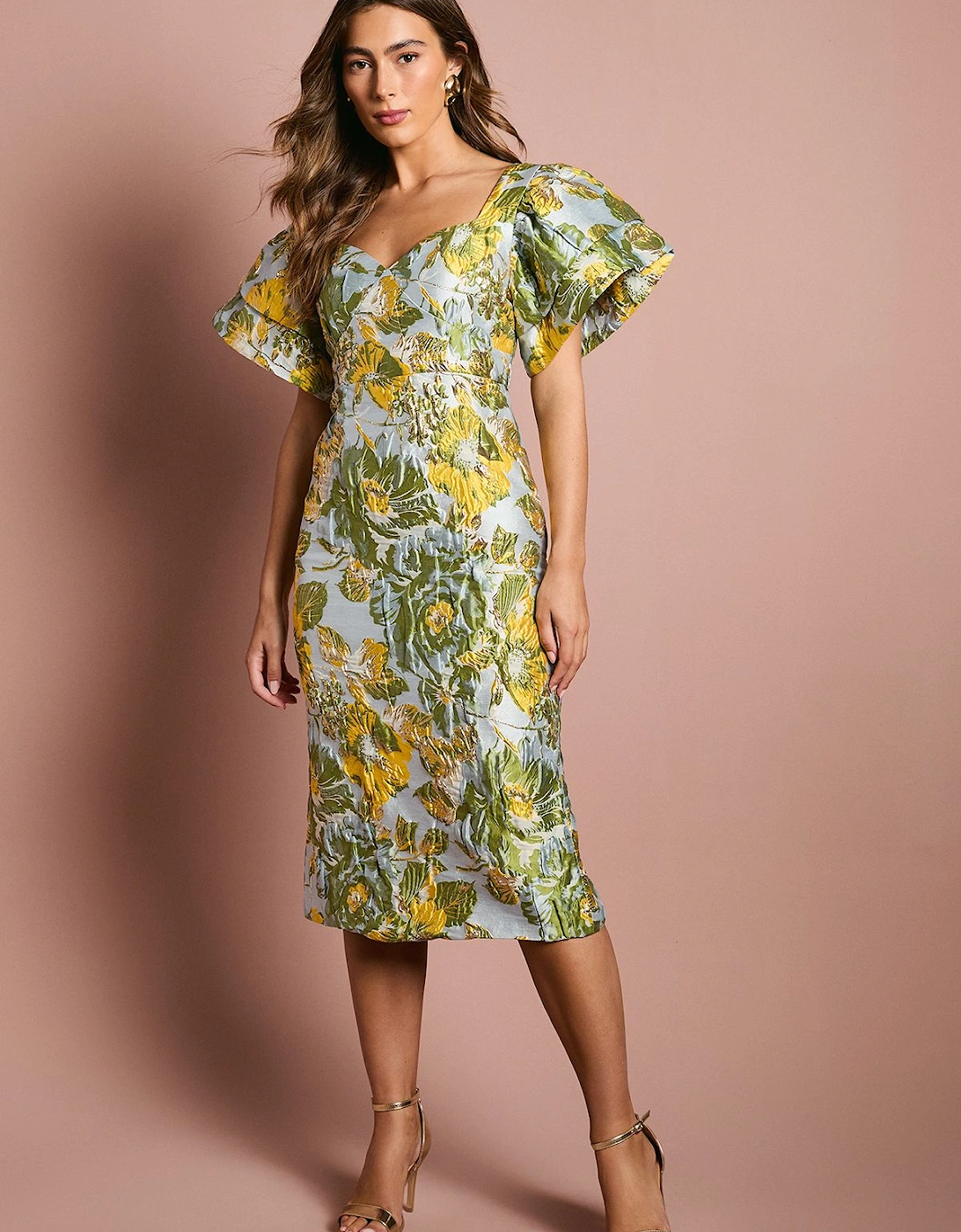 Metallic Jacquard Volume Sleeve Midi Dress, 2 of 1