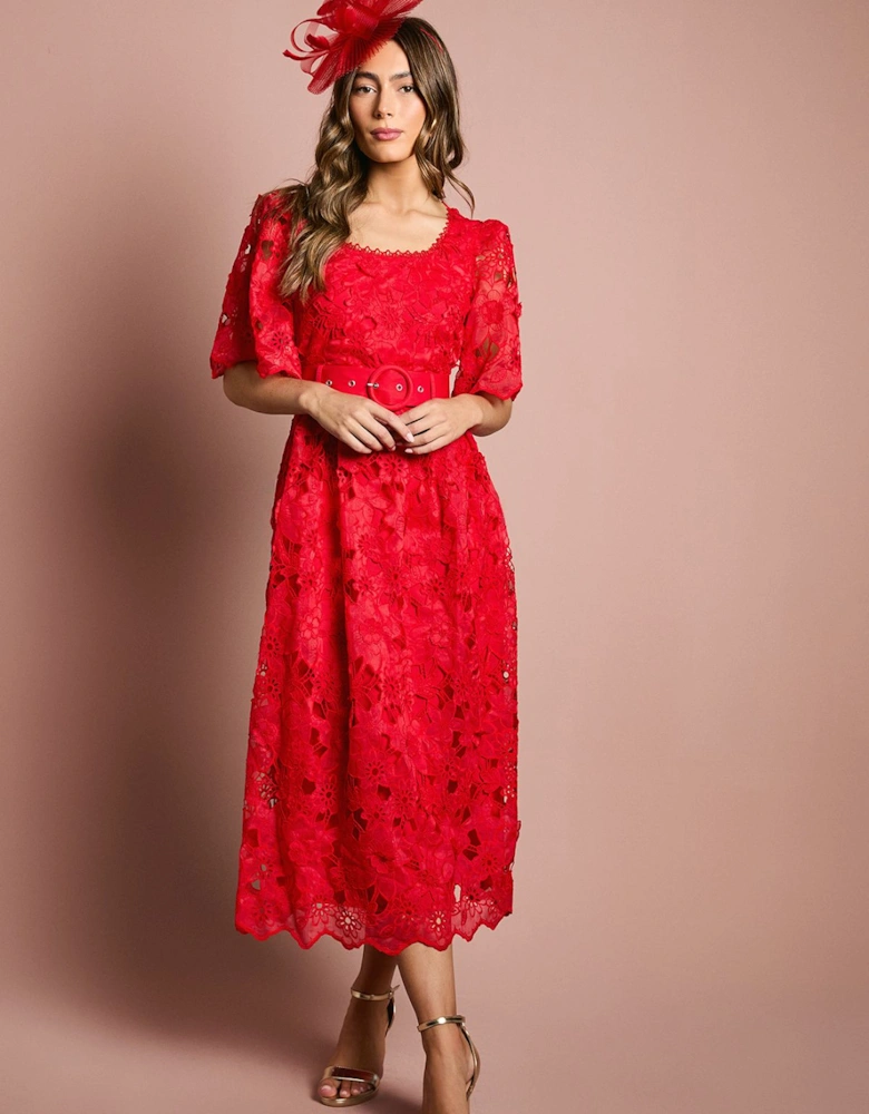 Short Sleeve Full Skirted Lace Midi Dress