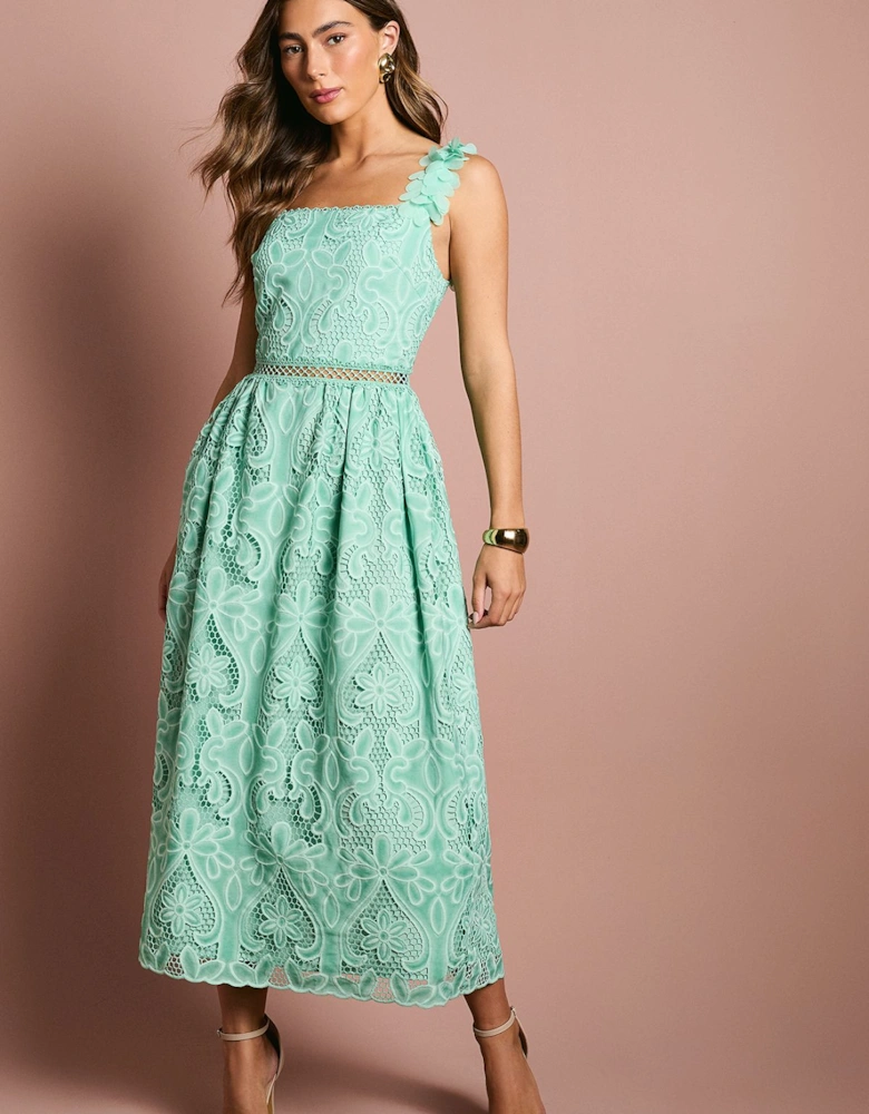 3D Flower Trim Lace Midi Dress