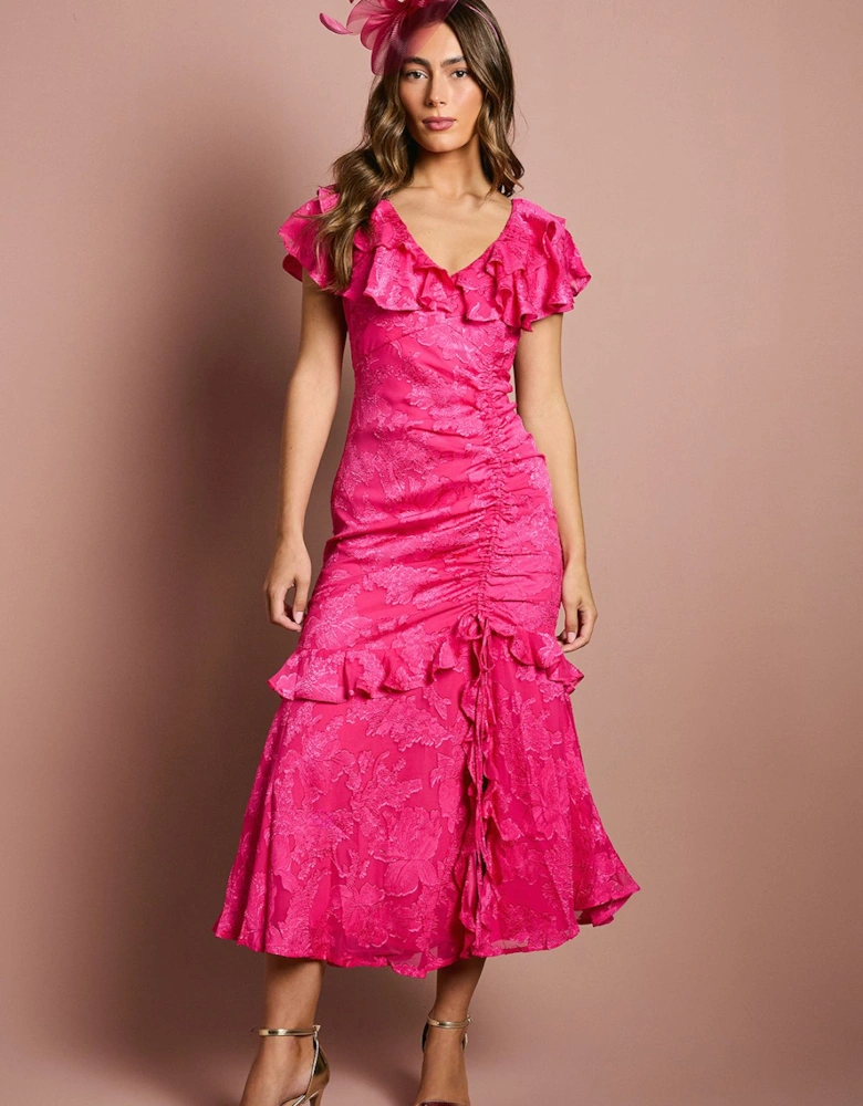 Frill V Neck Jacquard Midaxi Wedding Guest Dress