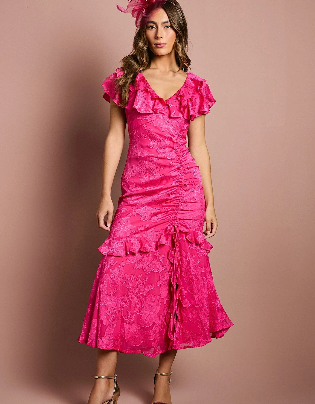 Frill V Neck Jacquard Midaxi Wedding Guest Dress, 2 of 1