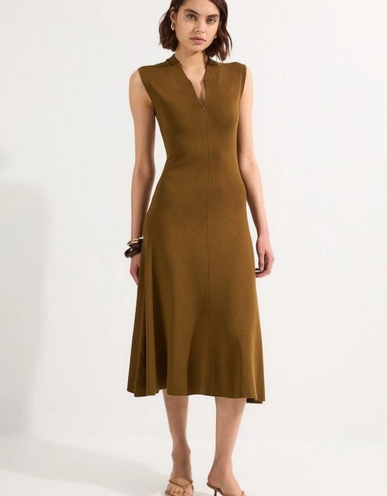 Viscose Blend Zip Front Sleeveless Knitted Midi Dress