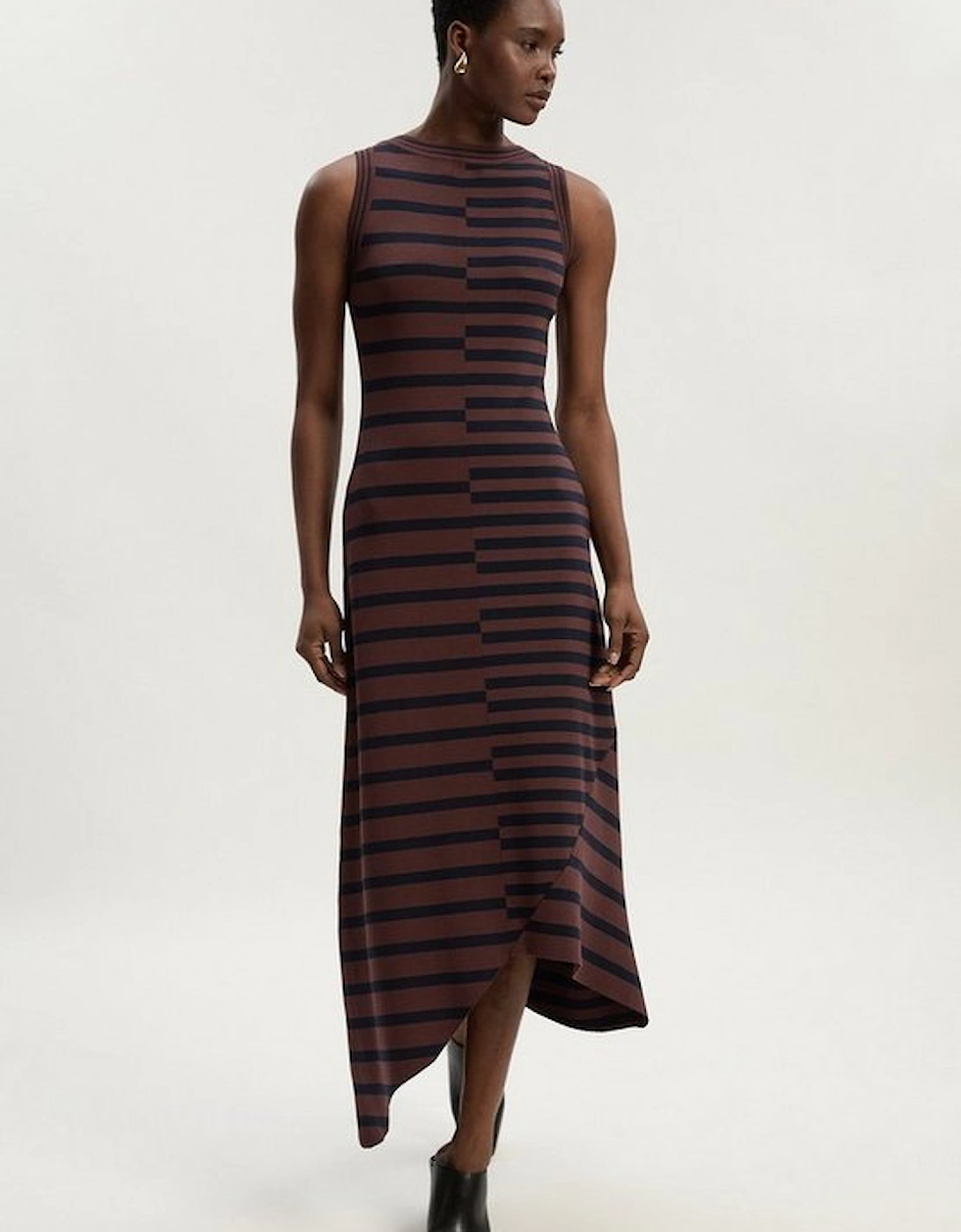 Asymmetric Hem Cut About Stripe Sleeveless Knitted Midi Dress, 2 of 1
