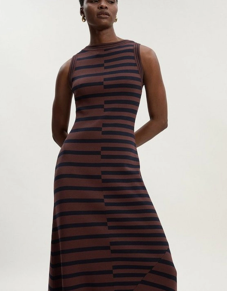 Asymmetric Hem Cut About Stripe Sleeveless Knitted Midi Dress