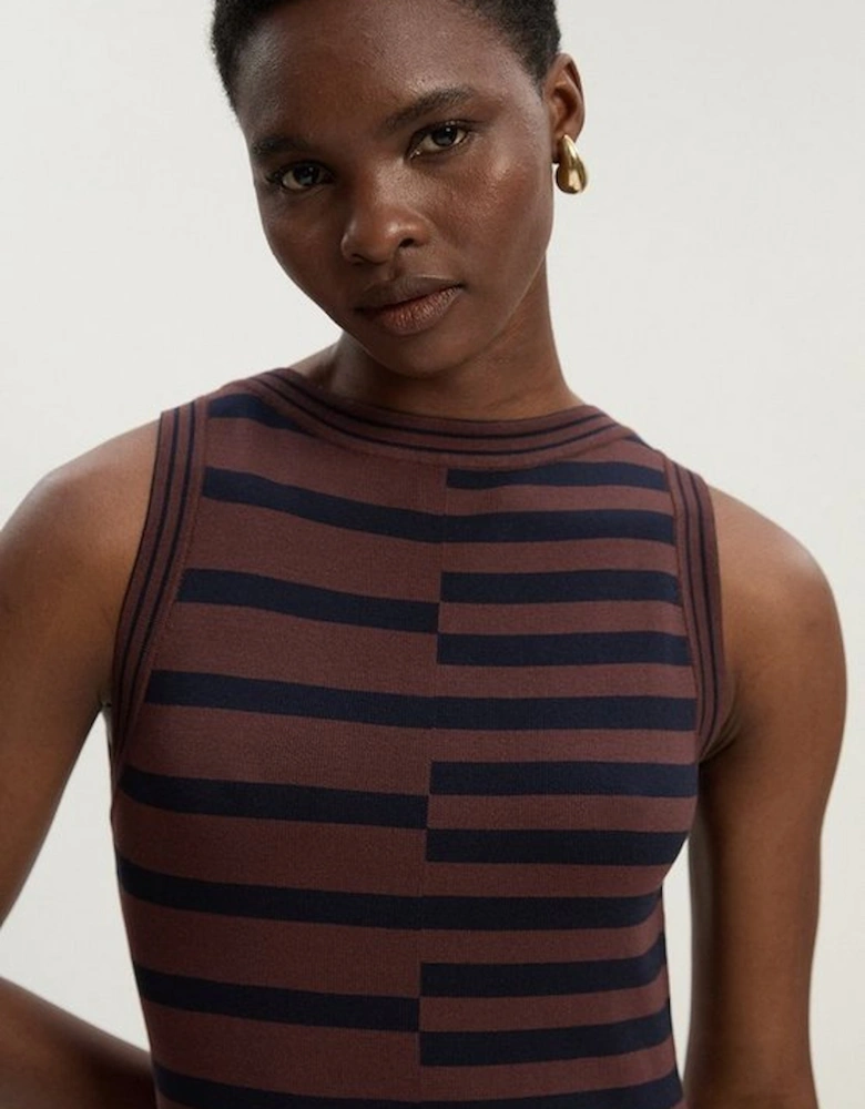 Asymmetric Hem Cut About Stripe Sleeveless Knitted Midi Dress