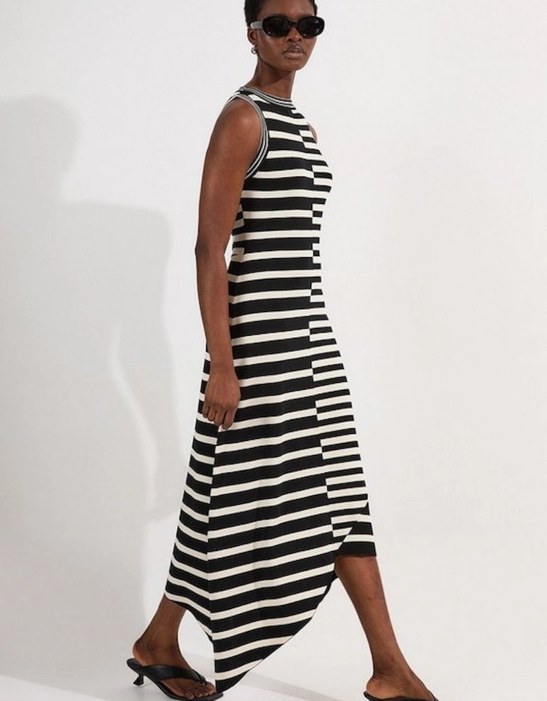 Petite Asymmetric Hem Cut About Stripe Sleeveless Knitted Midi Dress