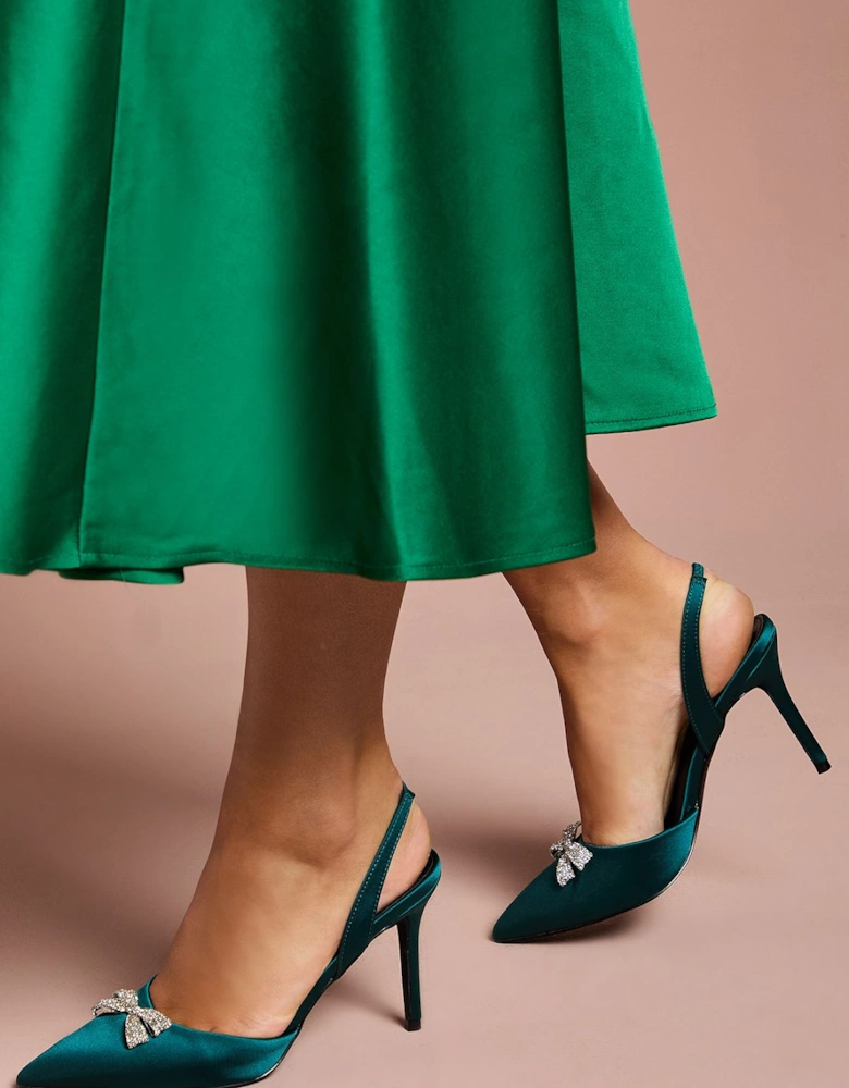 Wide Fit Scarlett Satin Diamante Bow Brooch Slingback High Stiletto Heel Court Shoes
