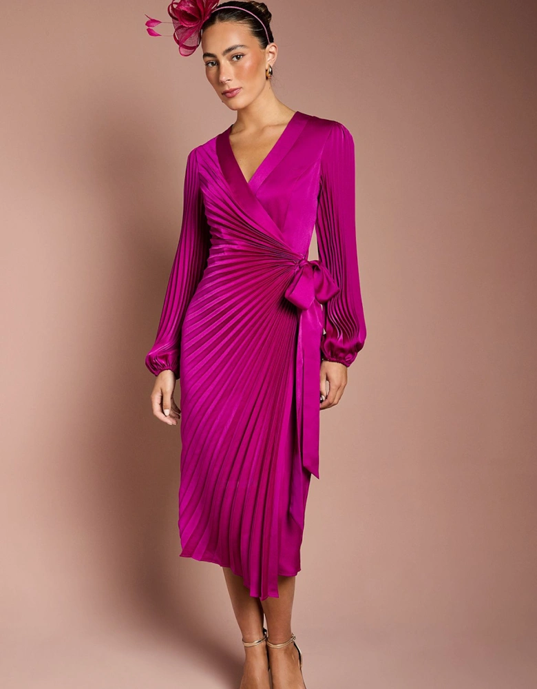 Satin Pleated Wrap Dress