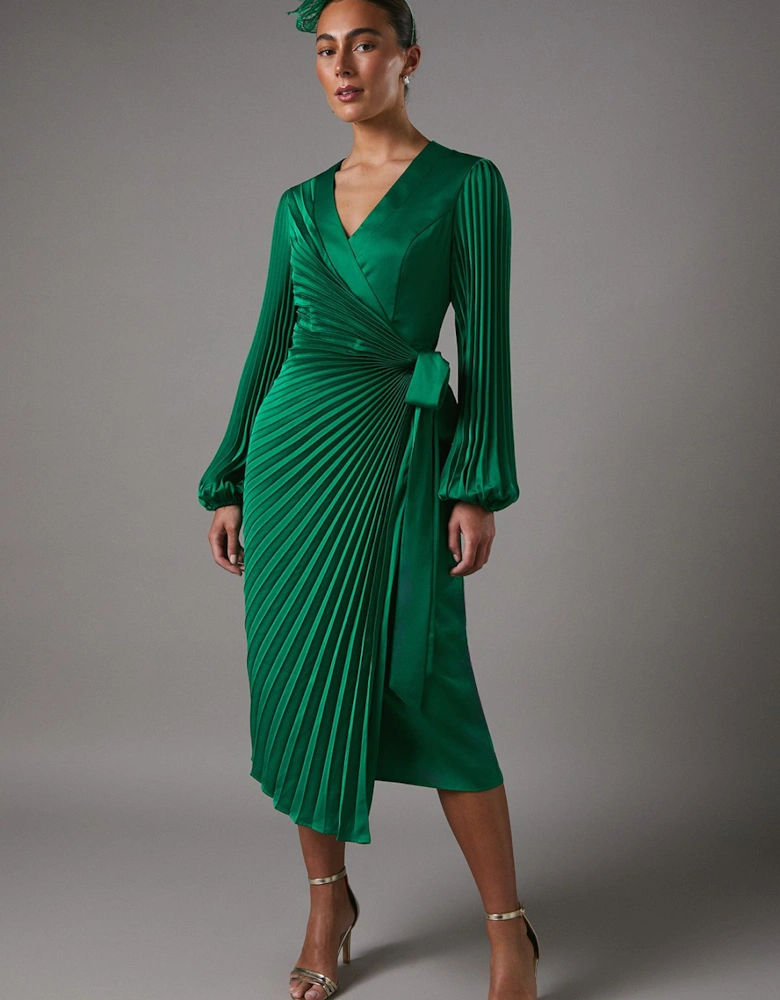 Satin Pleated Wrap Dress