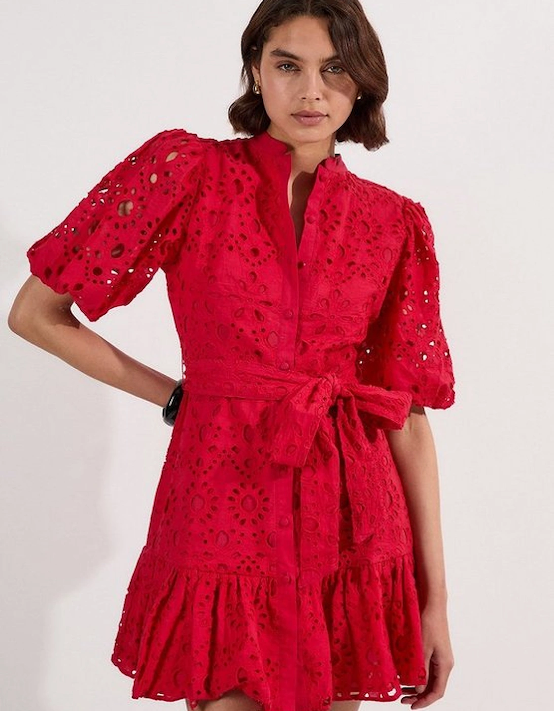 Petite Cotton Broderie Woven Tie Waist Mini Dress, 2 of 1