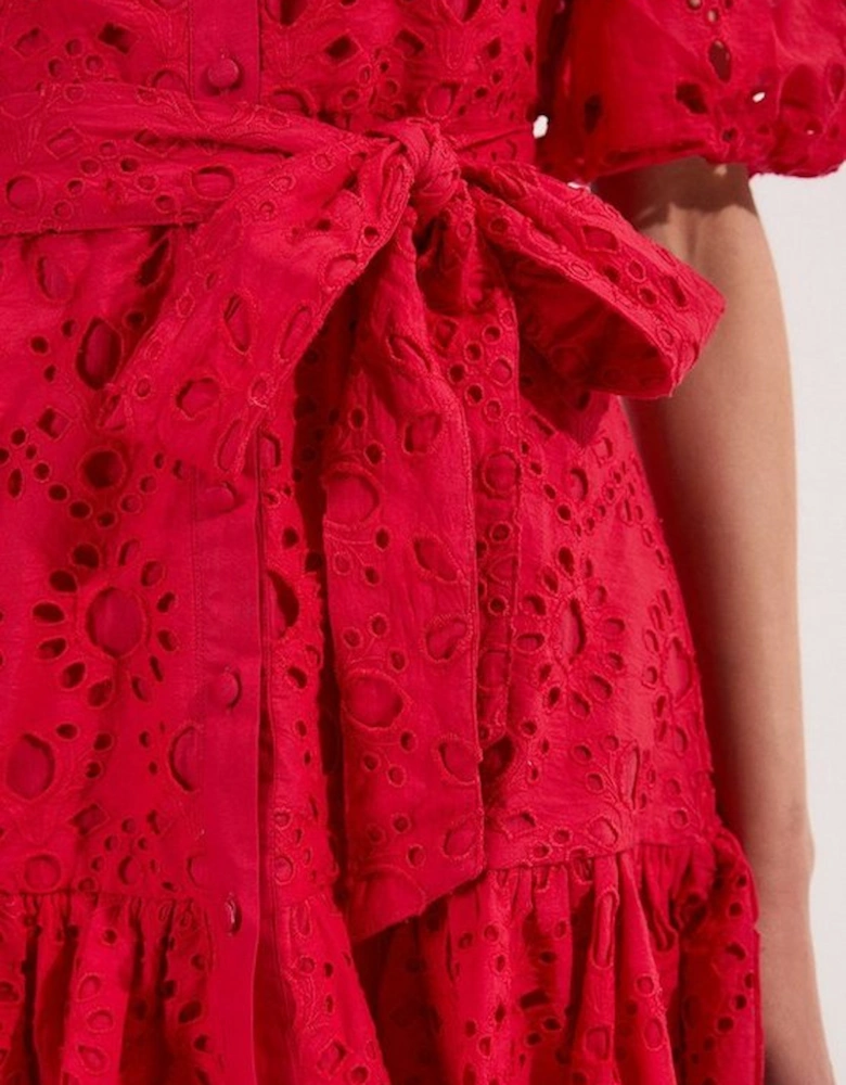 Cotton Broderie Woven Tie Waist Mini Dress
