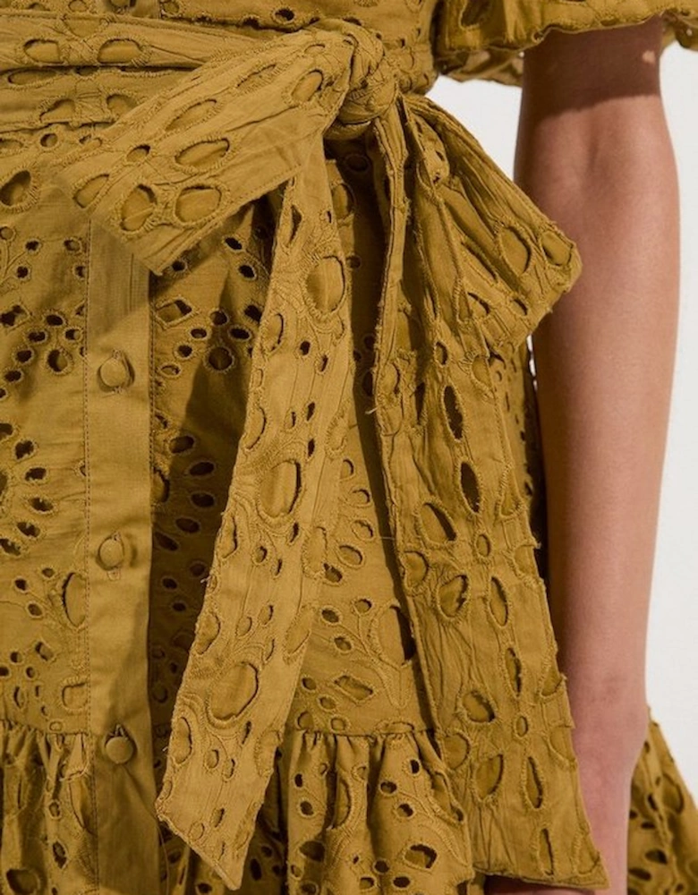 Cotton Broderie Woven Tie Waist Mini Dress