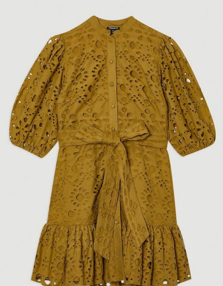 Cotton Broderie Woven Tie Waist Mini Dress