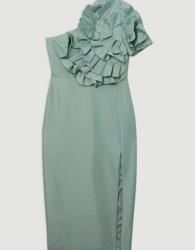 Metallic Taffeta Rosette Maxi Bardot Dress