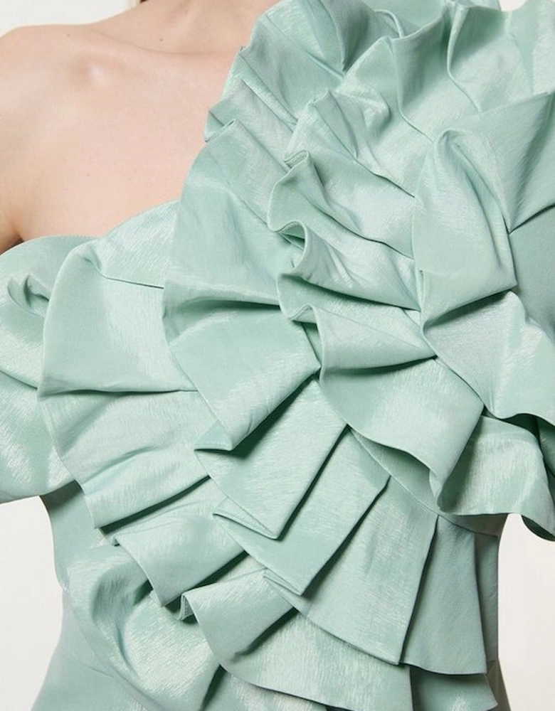 Metallic Taffeta Rosette Maxi Bardot Dress