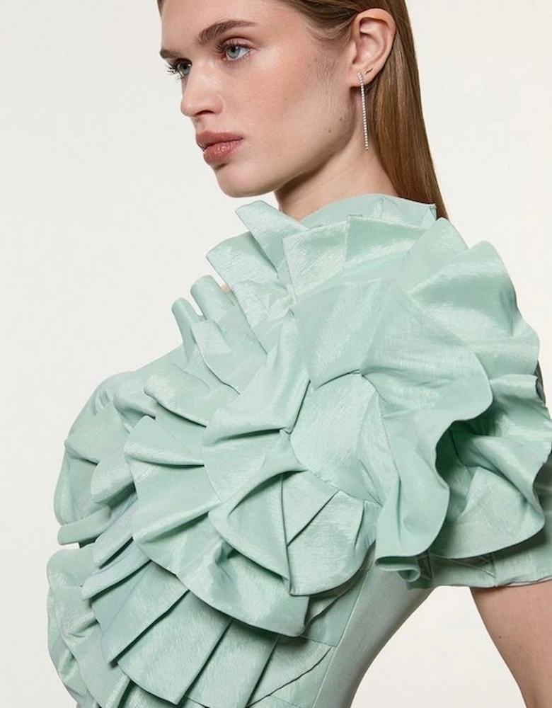 Metallic Taffeta Rosette Maxi Bardot Dress