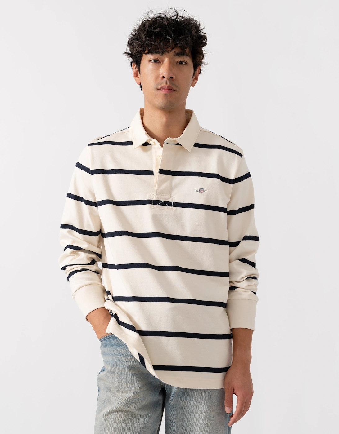 Mens Thin Stripe Heavy Rugger - 130 Cream, 2 of 1