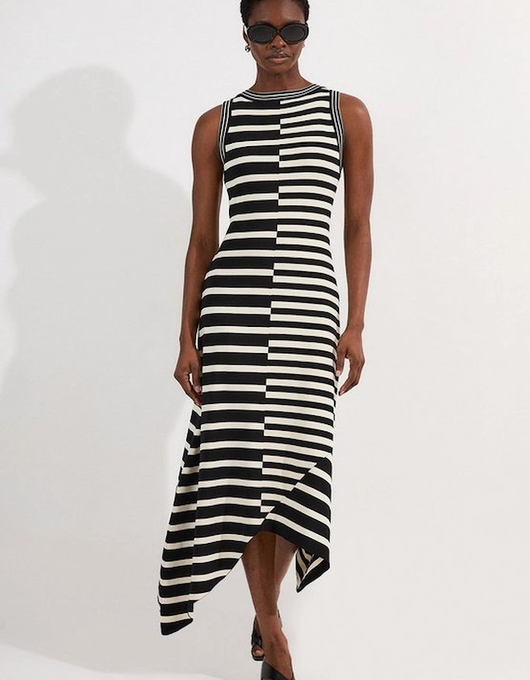 Asymmetric Hem Cut About Stripe Sleeveless Knitted Midi Dress, 2 of 1