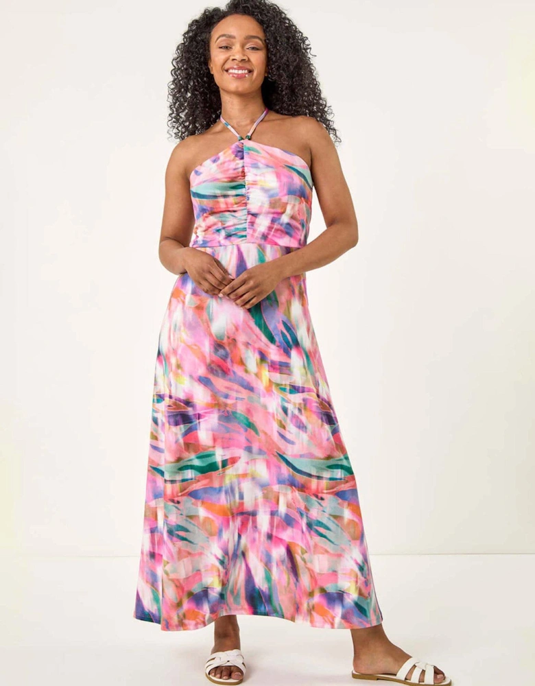 Petite Abstract Gathered Halter Midi Dress - Pink