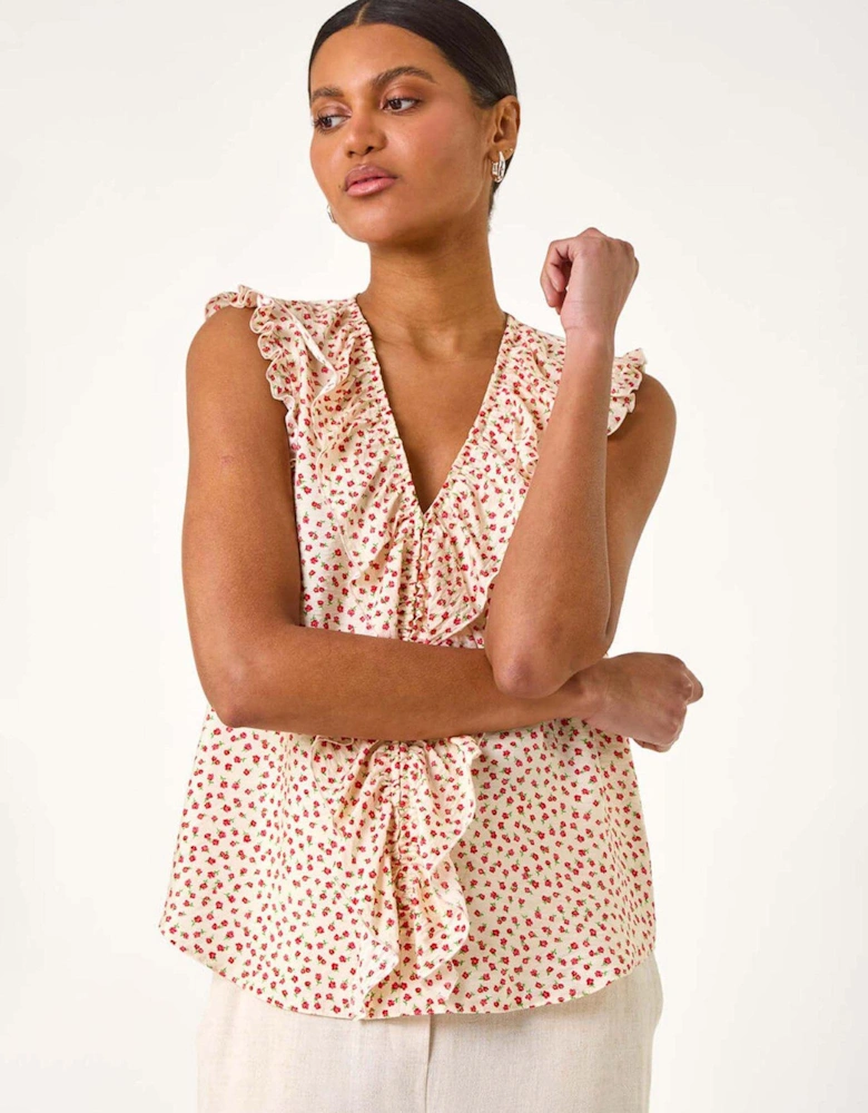 Floral Print Ruffle Front Vest Top - Ivory