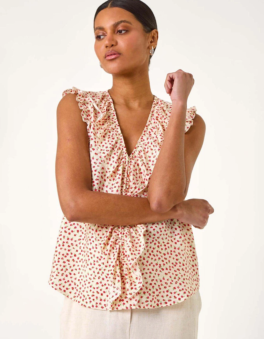 Floral Print Ruffle Front Vest Top - Ivory, 2 of 1