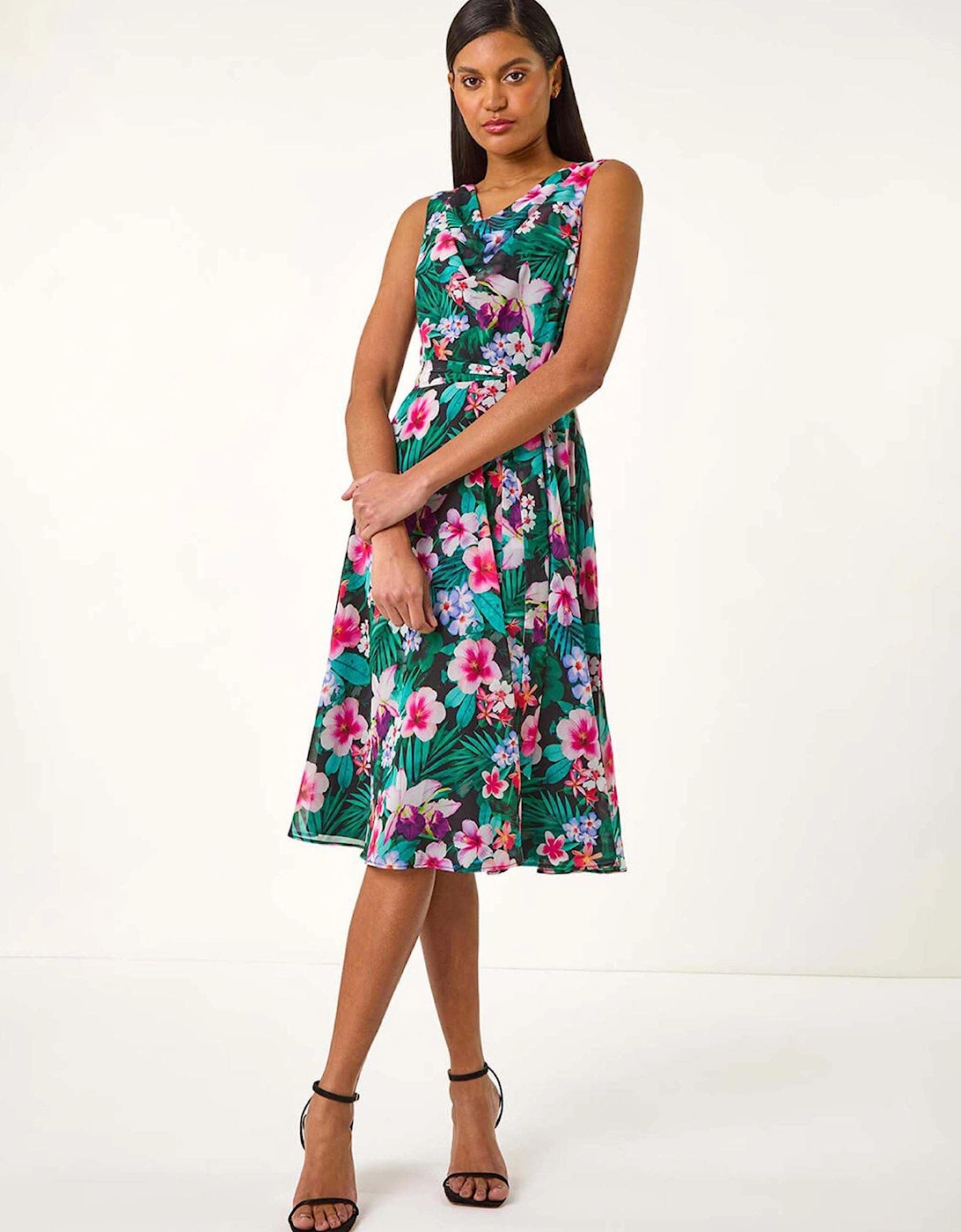 Floral Print Chiffon Cowl Neck Dress - Black, 2 of 1