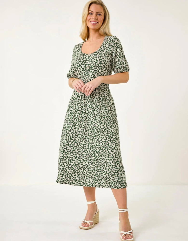 Petite Floral Print Button Midi Dress - Khaki
