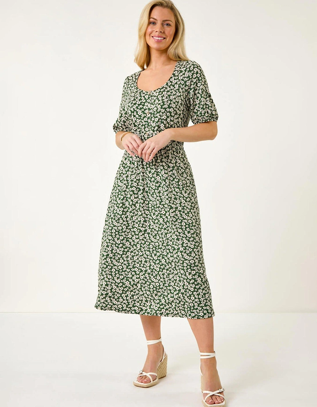 Petite Floral Print Button Midi Dress - Khaki, 2 of 1