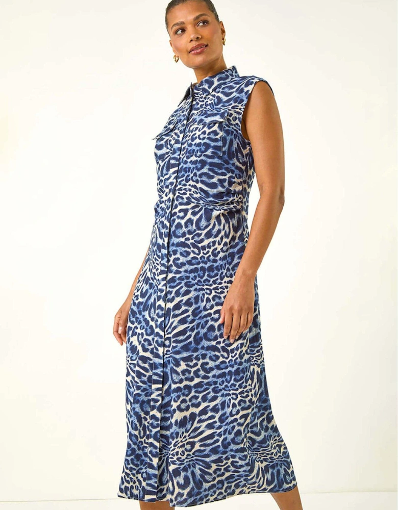 Animal Print Gathered Shirt Dress - Blue