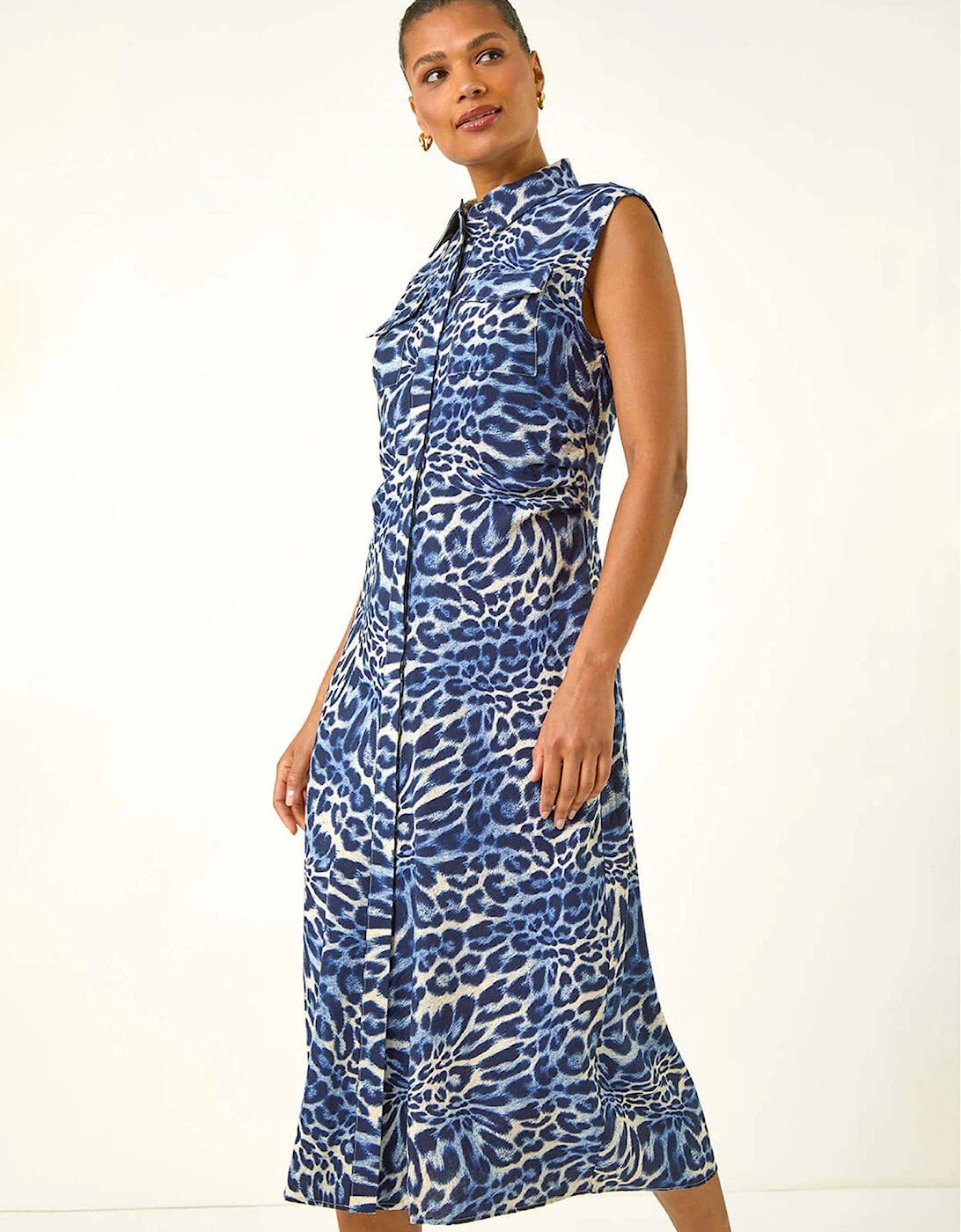 Animal Print Gathered Shirt Dress - Blue, 2 of 1