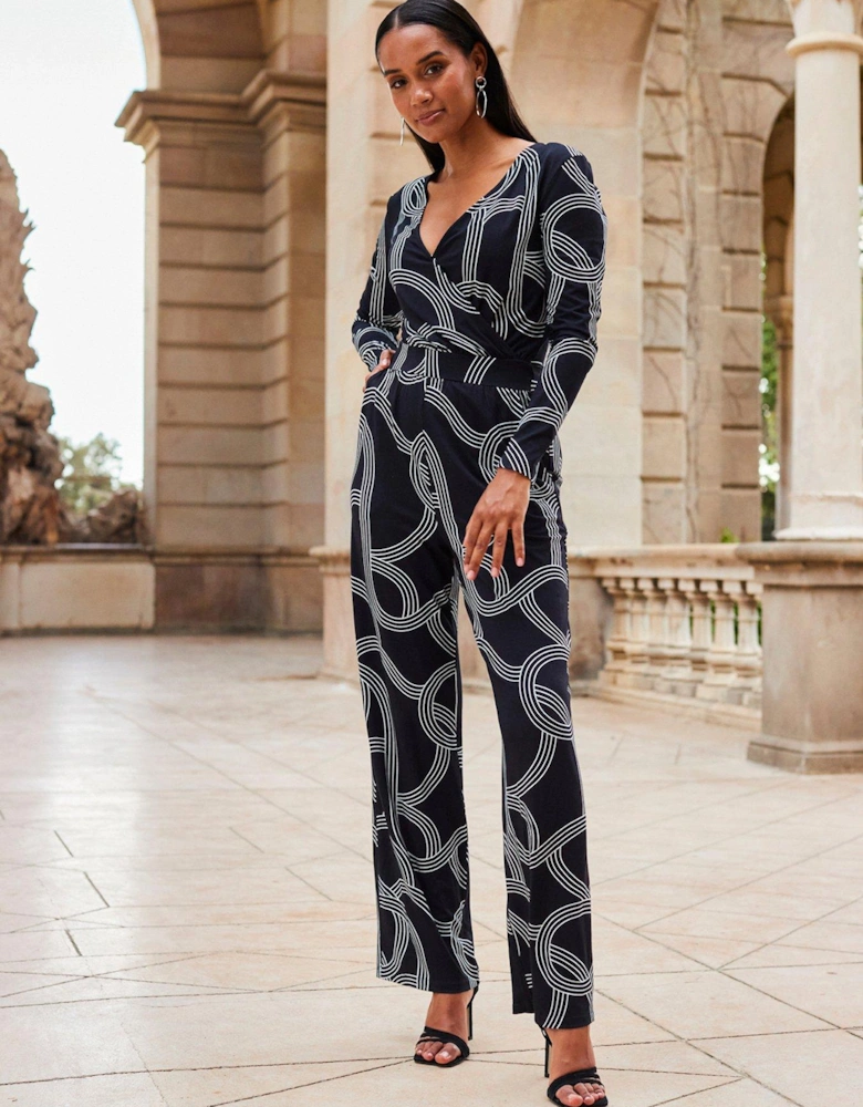 Black Geometric Print Wrap Front Wide Leg Jumpsuit With Pockets