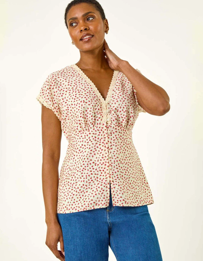 Floral Ditsy Print Lace Trim Top - Pink