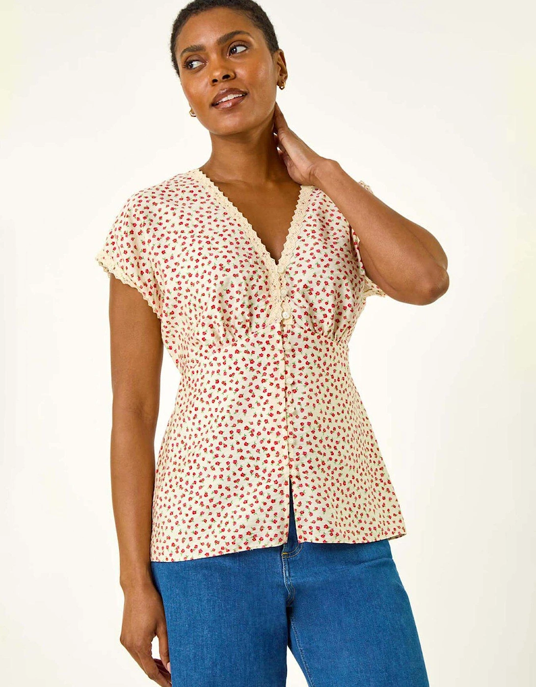 Floral Ditsy Print Lace Trim Top - Pink, 2 of 1
