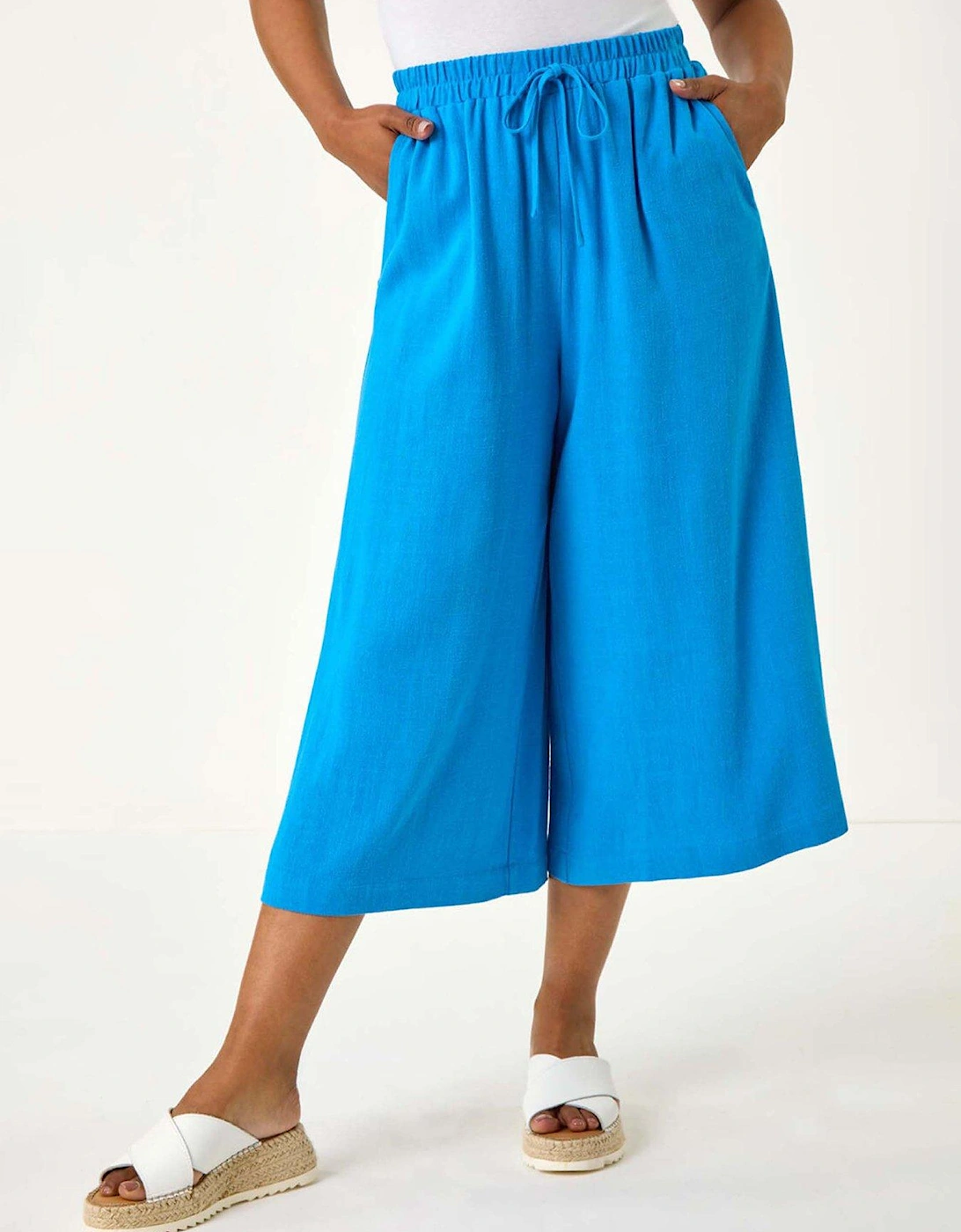 Petite Elasticated Waist Linen Mix Culotte - Blue, 2 of 1